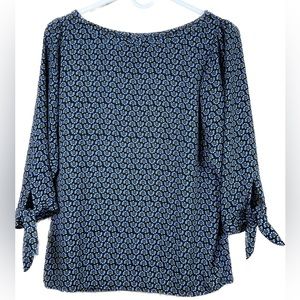 Loft Small Patterned Top w/3/4 Length Sleeves with Ties and a Round Neck…